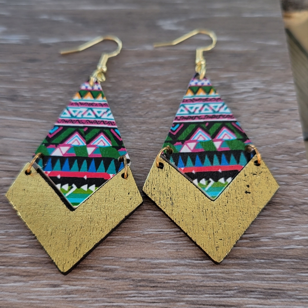 Handmade Geometric Multicolor Wooden Earrings